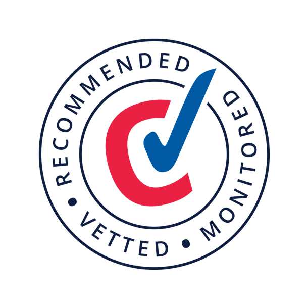 A circular logo featuring a checkmark and the words "Recommended, Vetted, Monitored."